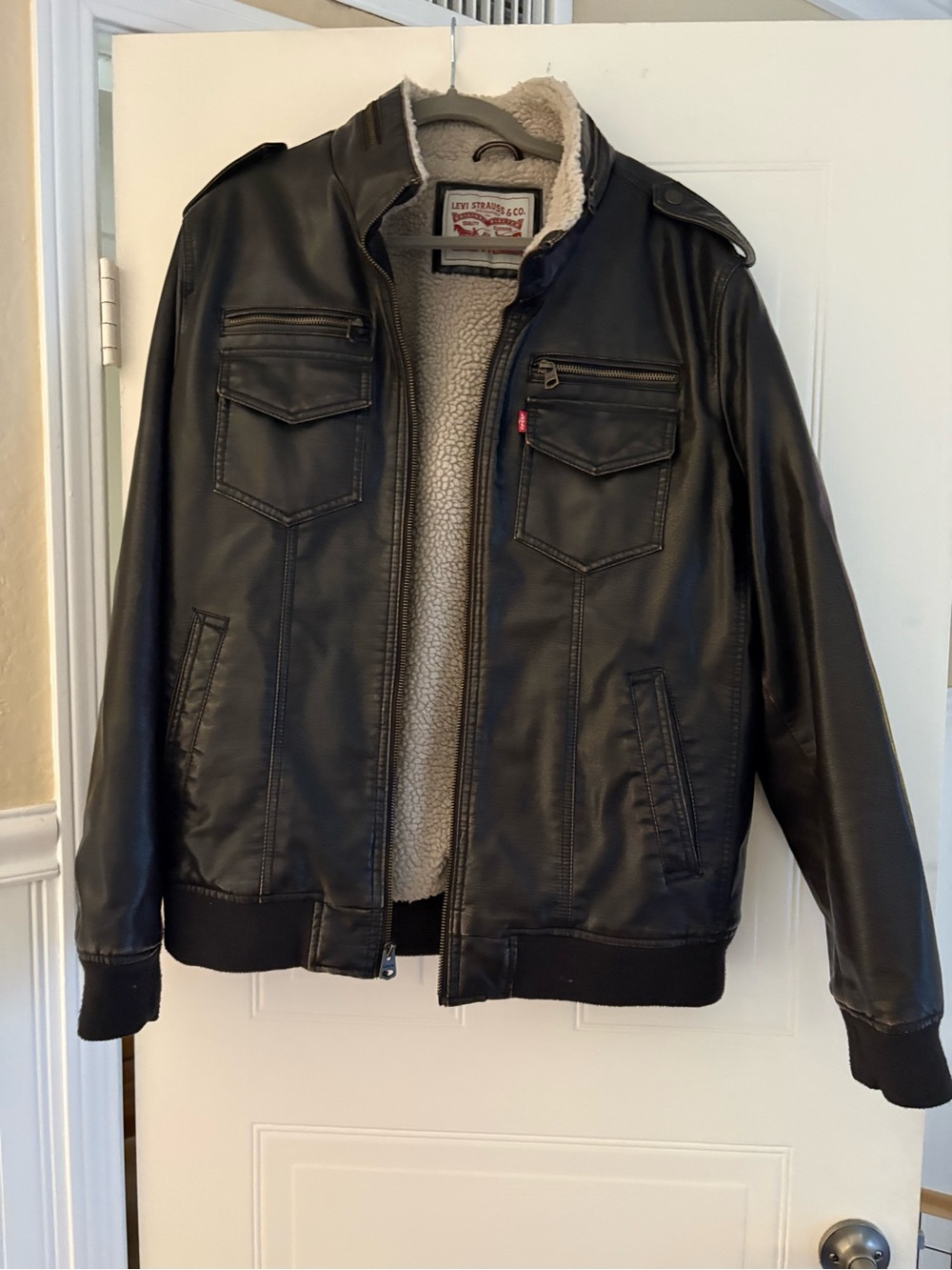 Levi's Black Faux Leather Bomber Jacket with Cream Sherpa Lining